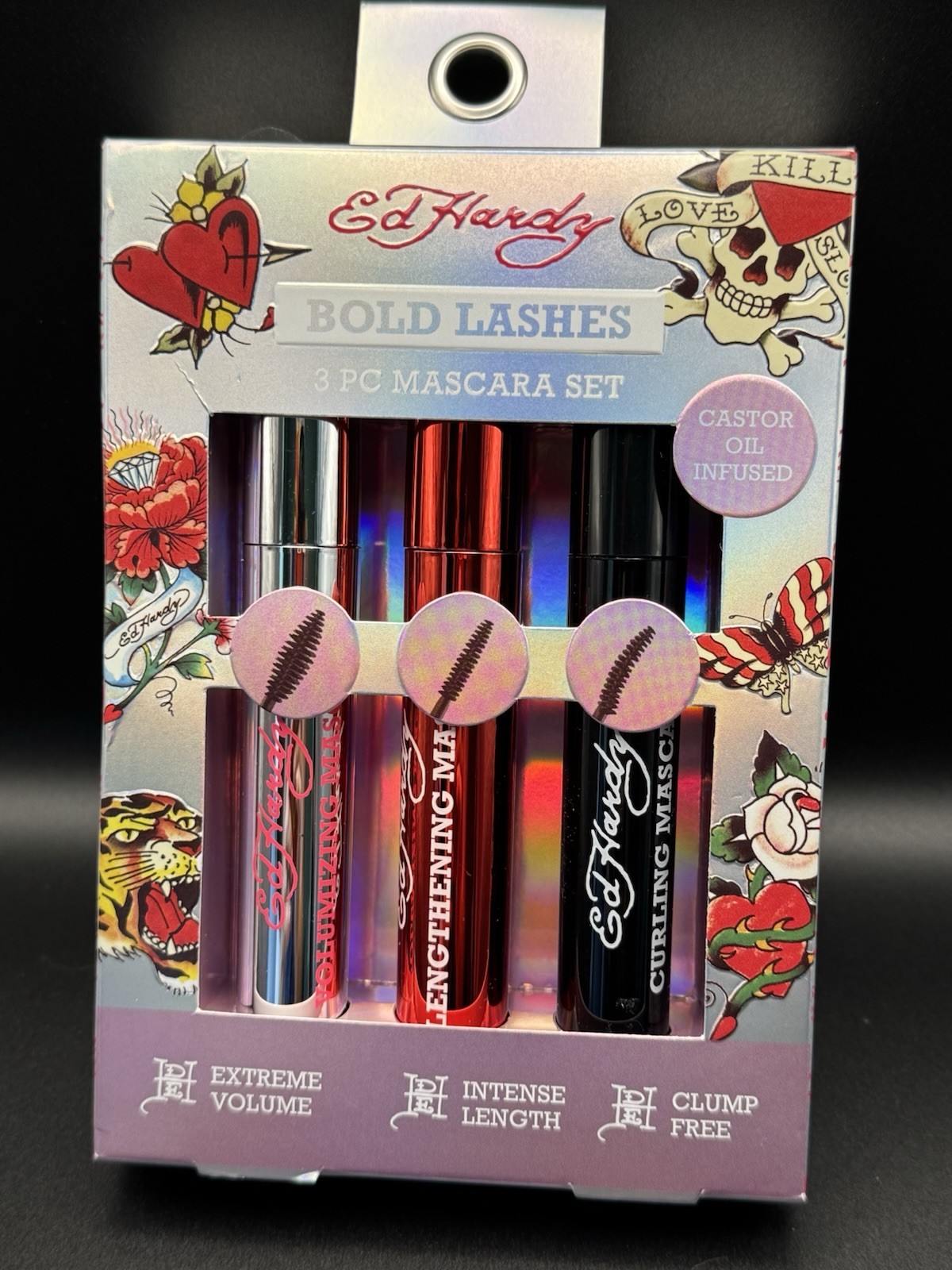 Ed Hardy Bold Lashes 3pc Mascara Set, Castor Oil Infused, Clump-Free