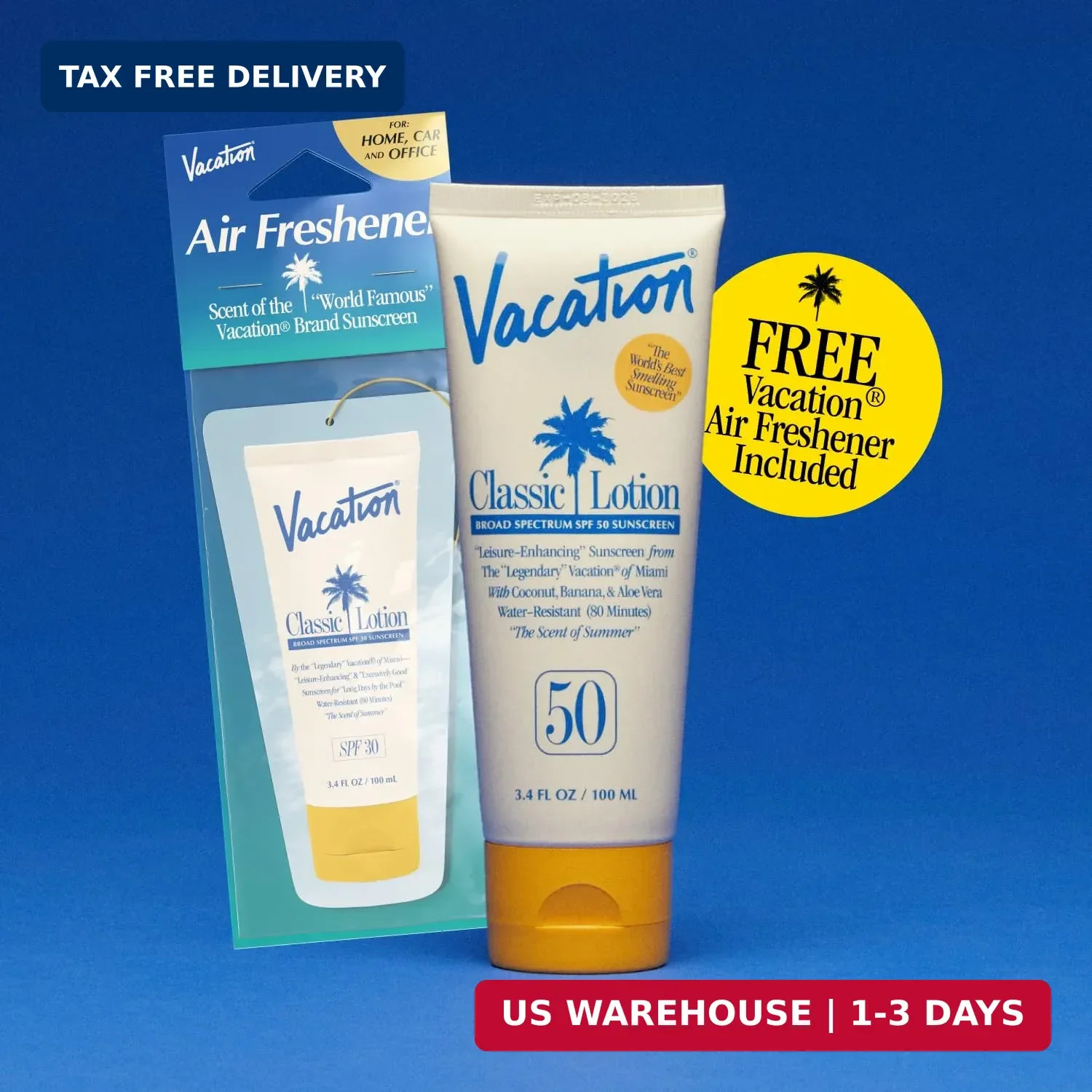 Vacation Classic SPF 50 Sunscreen Lotion and Air Freshener Bundle, 3.4 Fluid Oun