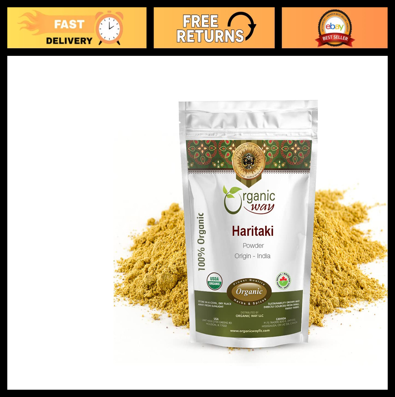 Organic Haritaki Powder – Raw, Vegan, Non-GMO, Gluten-Free, USDA Certified, 1LB