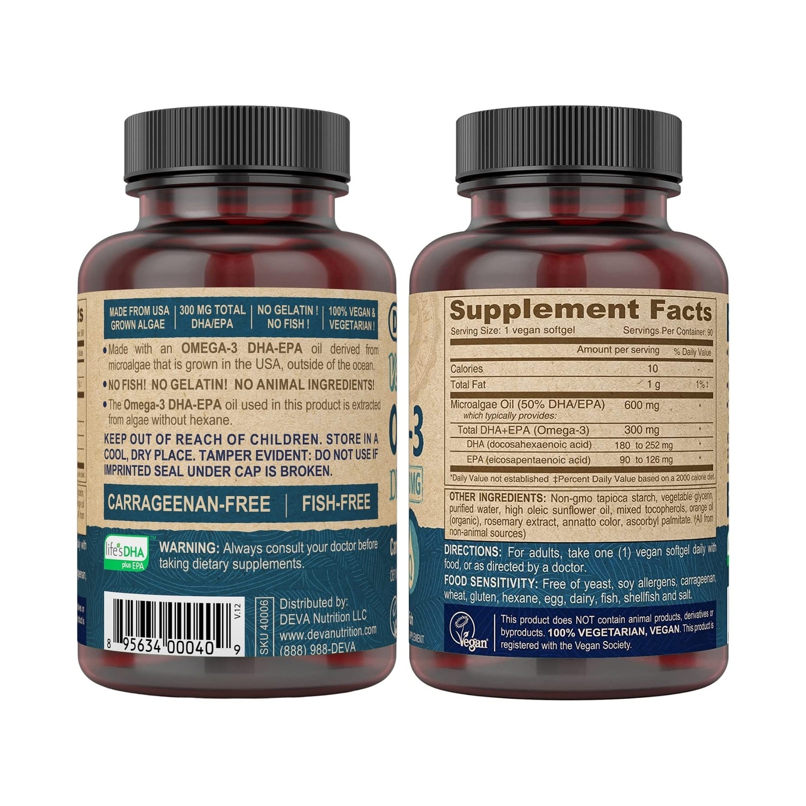 DEVA Vegan Omega-3 DHA EPA Supplement Once-Per-Day Softgel 300 MG – Carrageen…