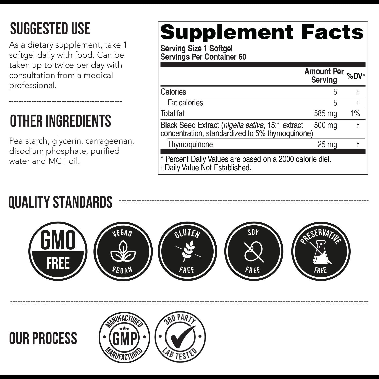 High Potency Black Seed Oil Softgels – 500mg, 5% Thymoquinone, Vegan, 60 Count