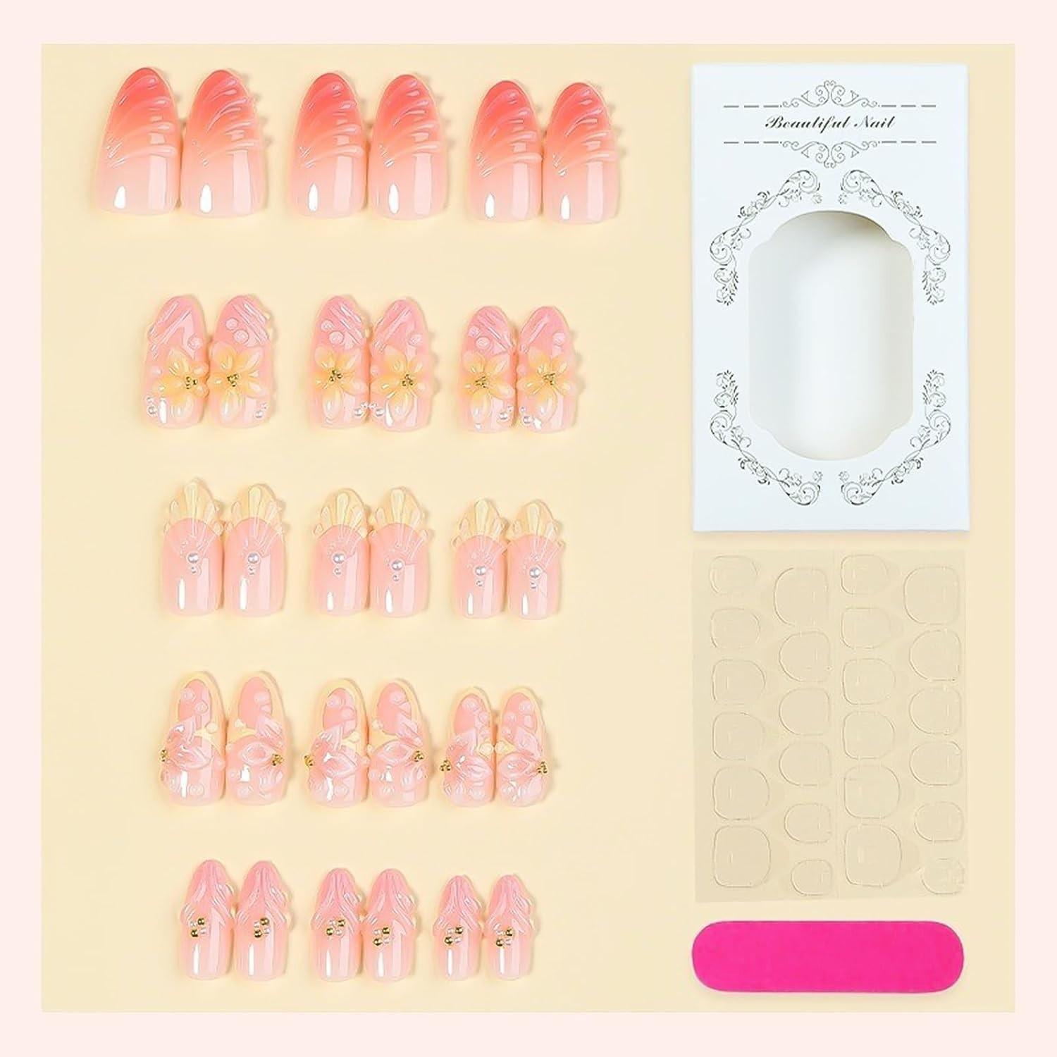 Press on Nails Medium Almond – 3D Plumeria Flower Tropical Yellow French Tip Fak