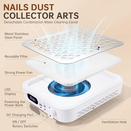 Nail Dust Collector, Rechargeable Dust Collector Nail Tech, Powerful B-White