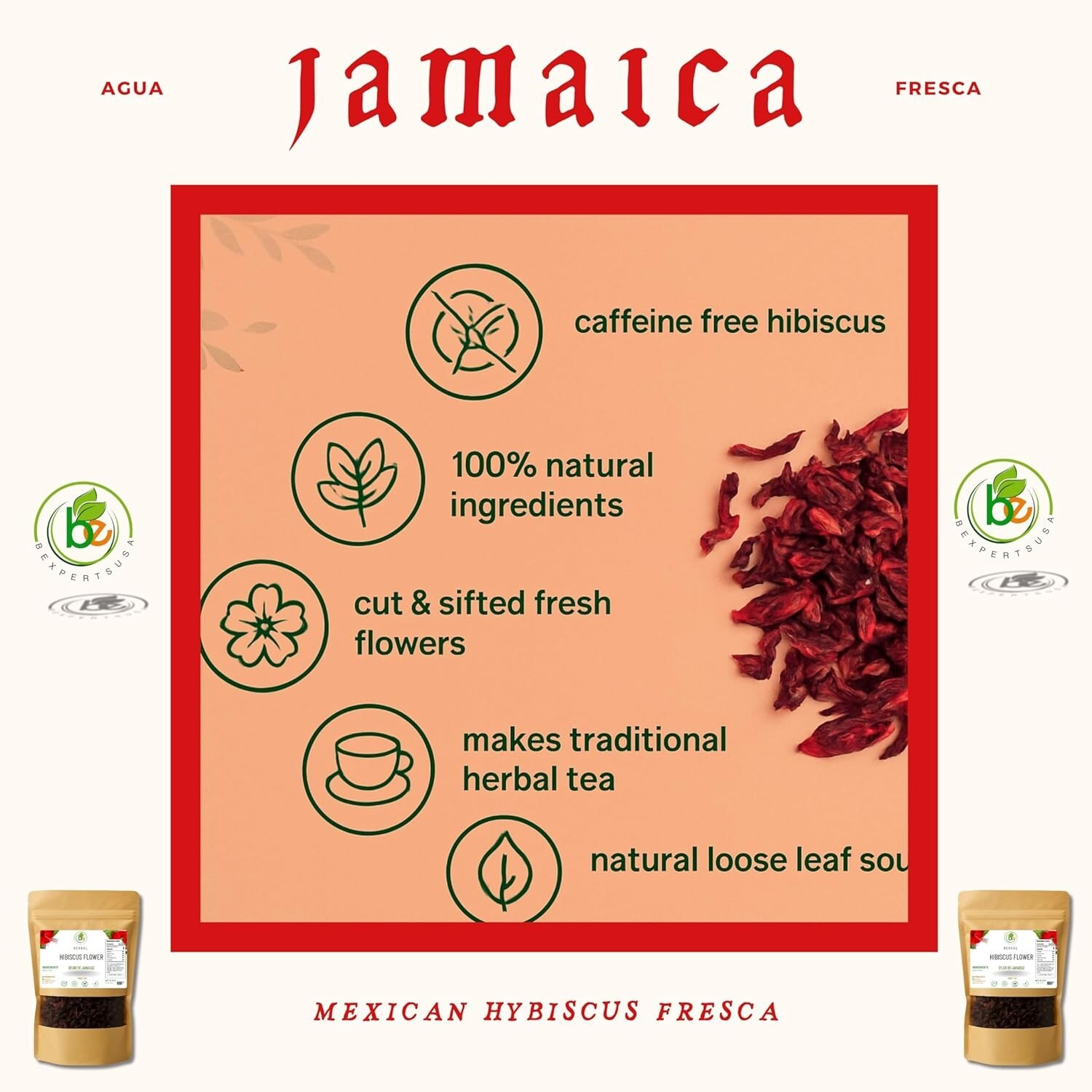 Jamaica Flor – 100% Natural Loose Leaf Hibiscus Tea – 16 oz (1 lb) –Tea Infuser