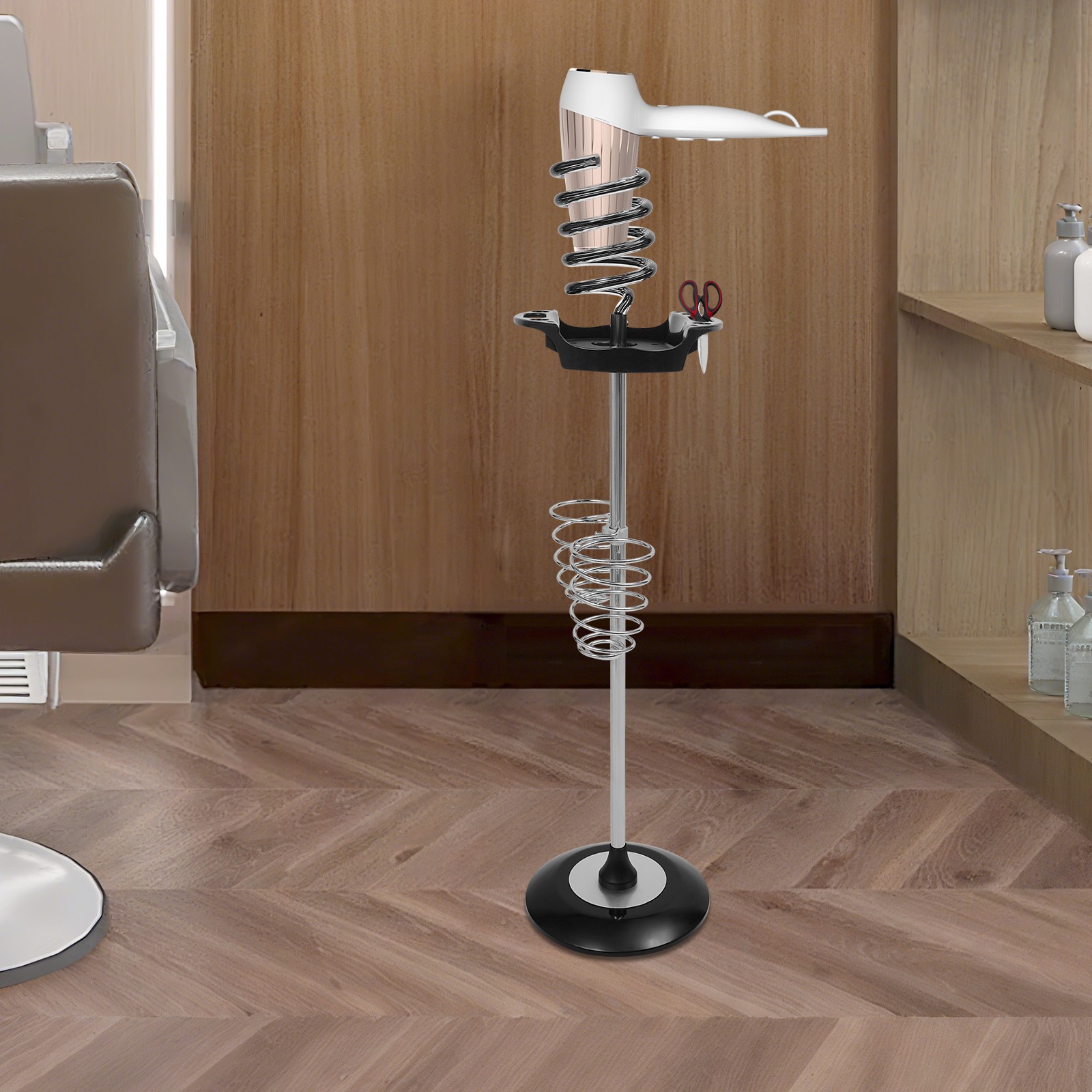 Hair Dryer Stand with Tray & Spiral Holders Freestanding Holder Hands-Free Black