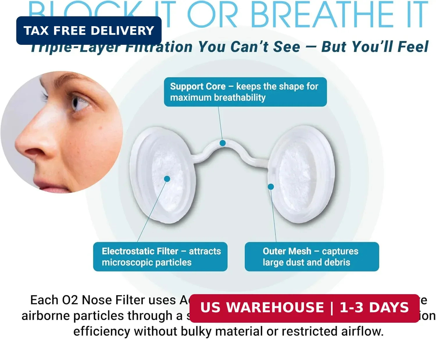 O2 Nose Filters with 3M Filtration – Nasal Screens for Allergies, Dust & Smoke –