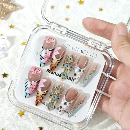 10 Pcs Handmade Acrylic Press on Nails Long Stiletto Fake Nails with M Long02