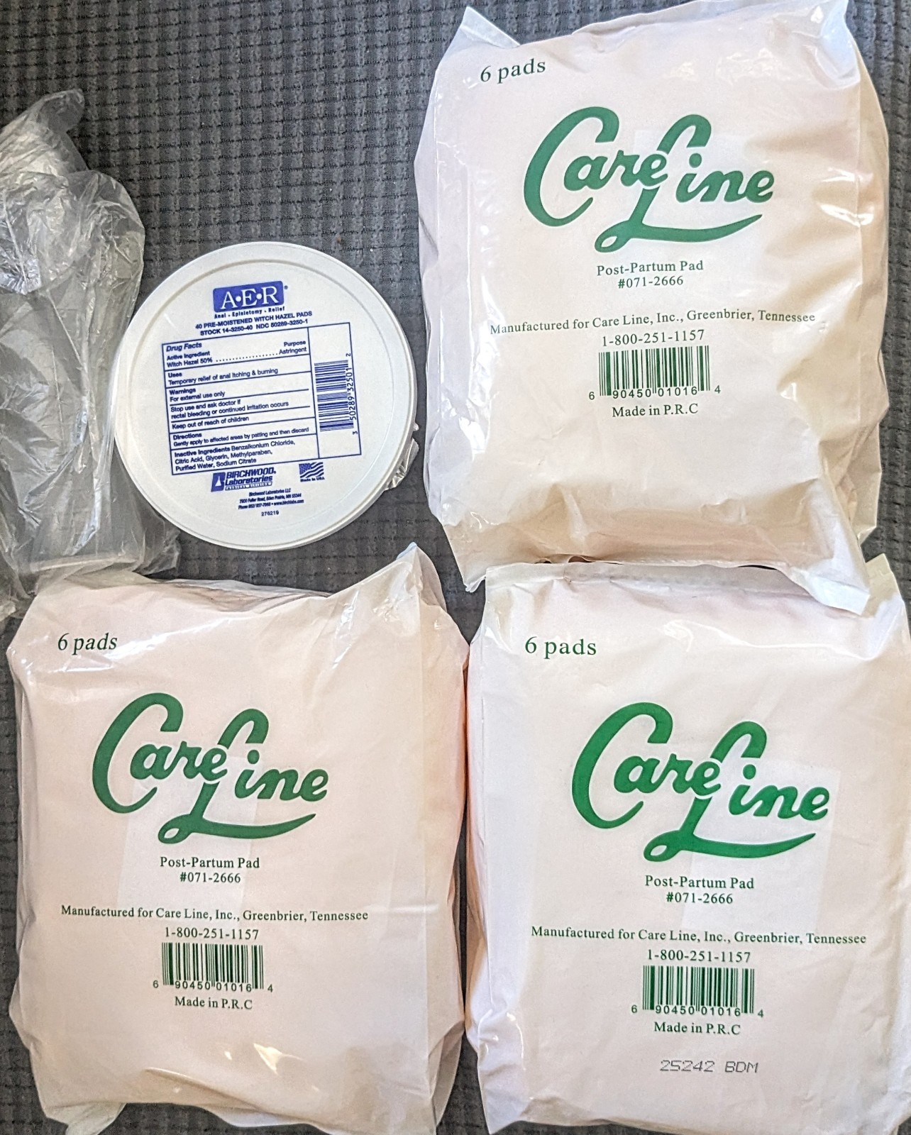 Postpartum Pads 3 Pks 6 ea – Care Line & Perineal Bottle & 40 Witch Hazel Pads