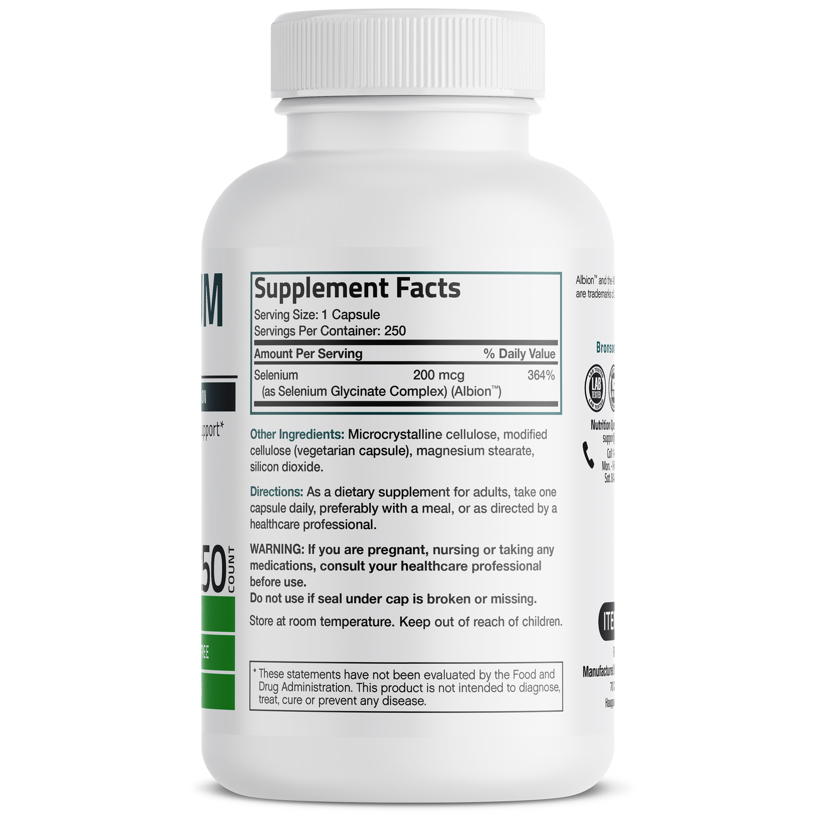 Selenium 200mcg Amino Acid Immune Support Trace Mineral Non-GMO, 250 Capsules