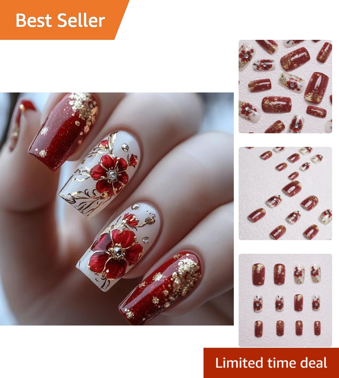 Summer Press on Nails Glitter Floral Long Square False Nails Reusable Fake