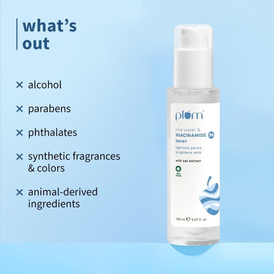 Plum 3% Niacinamide & Rice Water Face Toner Fades Blemishes, Brightens & Smooth