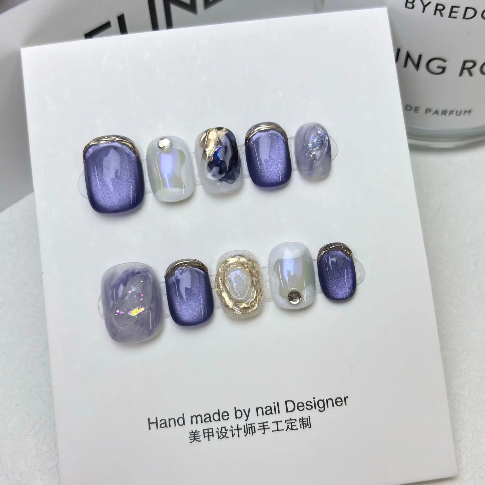 10PCS Blue Ombre Press On Nails Short Ballet Glossy False Nail Tips