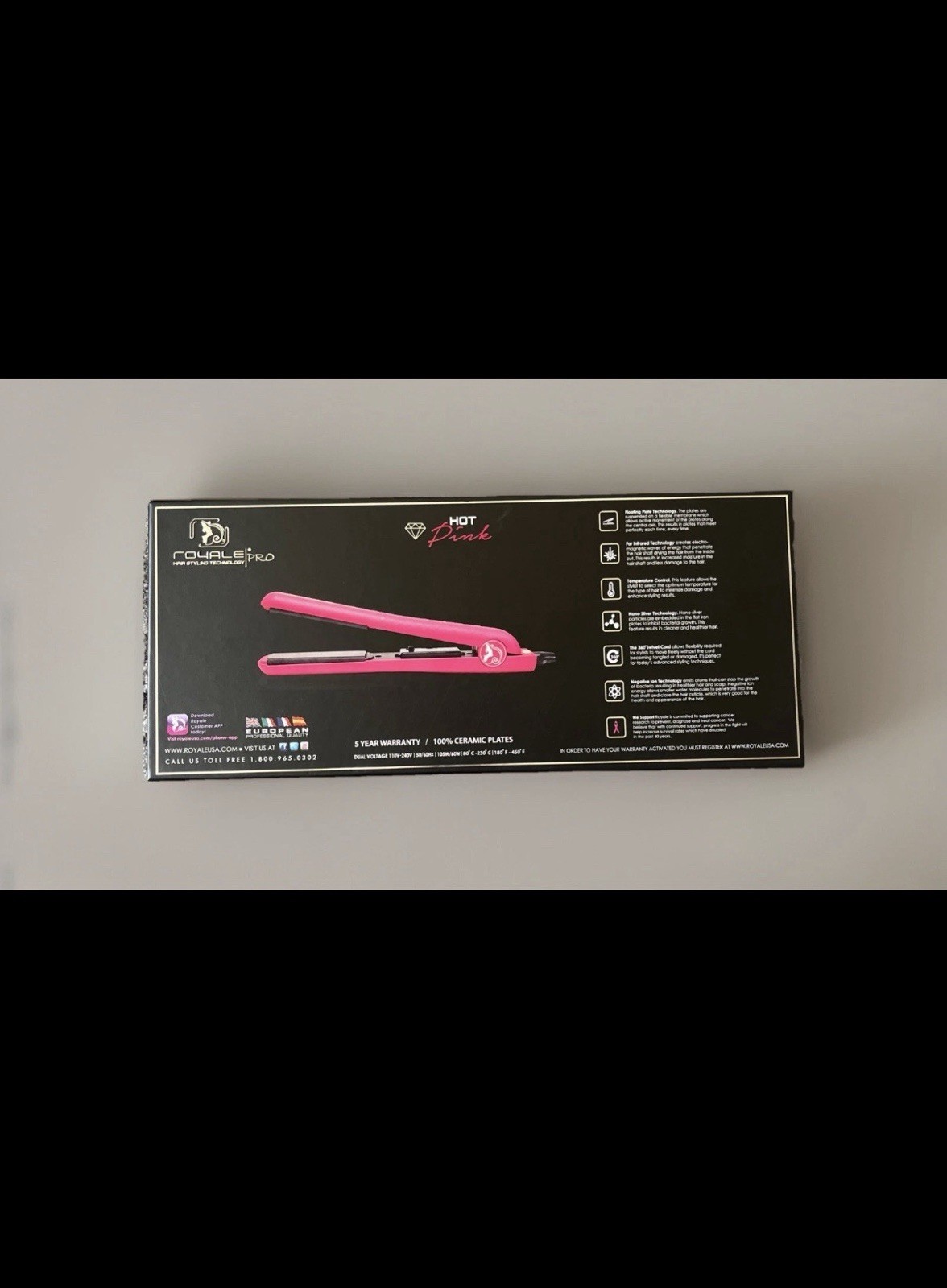 Royale Classic Flat Iron Hair Straightener, Hot Pink Ceramic Floating Plate- NEW