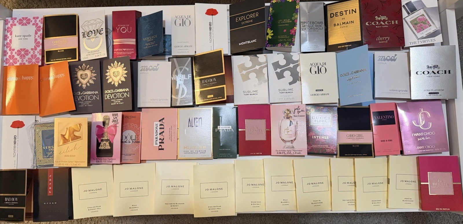 55 Assorted Spray Fragrance Samples Sample Size Lot Vials & Cards, Mixed Set