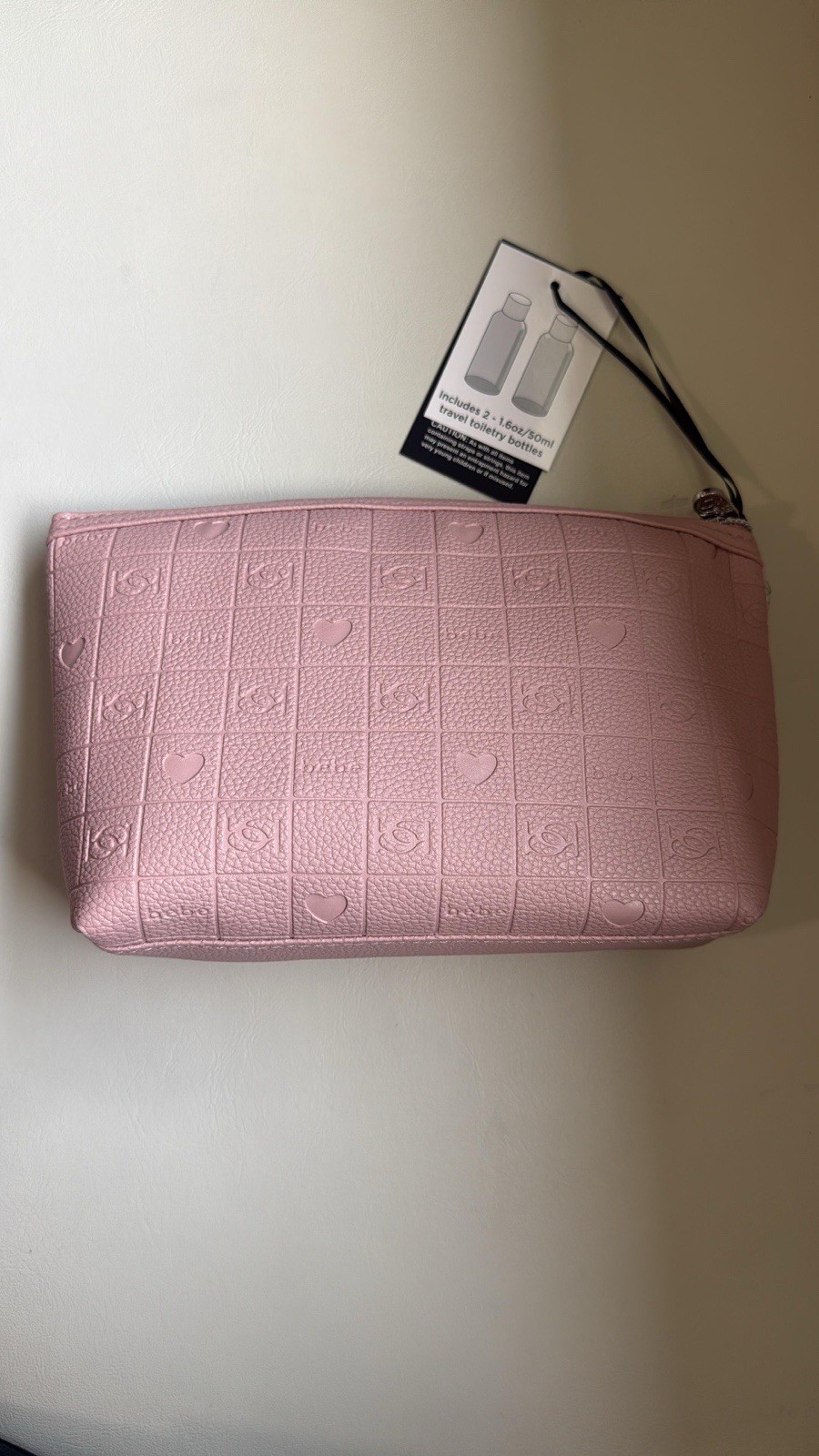 BEBE CORAL Pink Large Travel Cosmetic Bag w/ LOGO 2 Bottles ONE Compartment BNWT