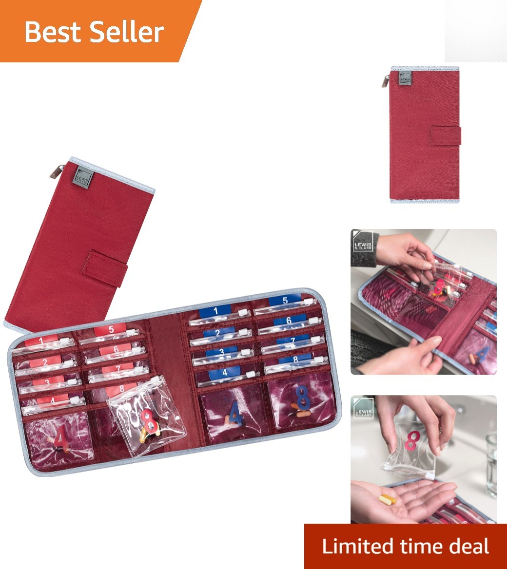 Travel-Safe 16-Compartment Pill Organizer with Slide-Lock Pockets in Red