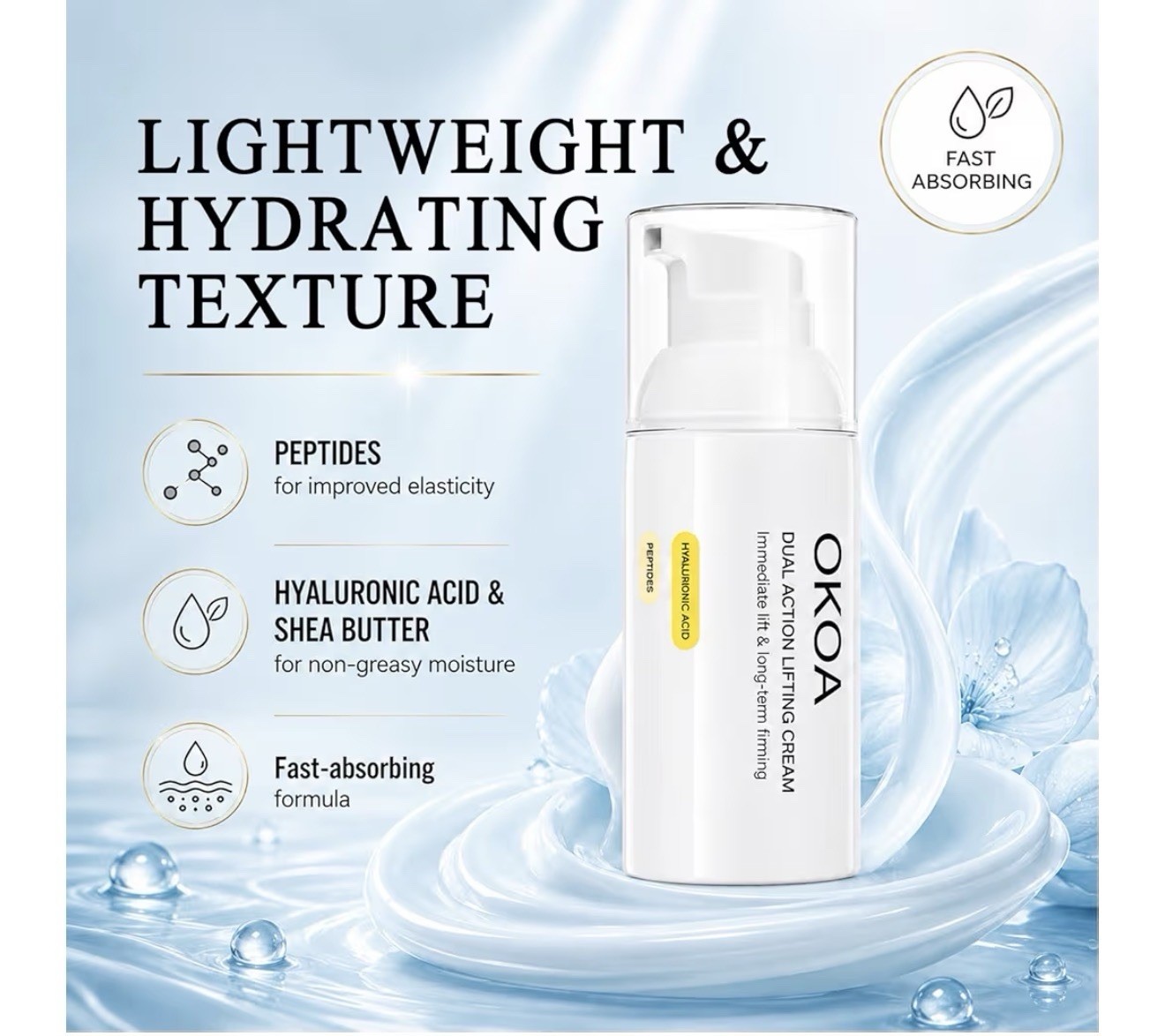 OKOA Dual Action Lifting Cream w/ Peptides & Hyaluronic Acid Face/Neck