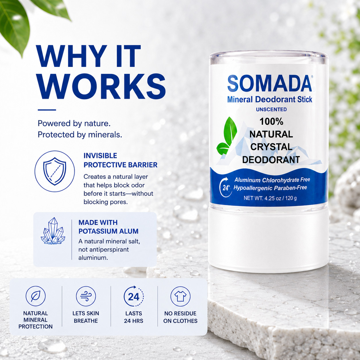 Crystal Deodorant Stick for Women and Men, 4.25 oz/120g – 100% Natural