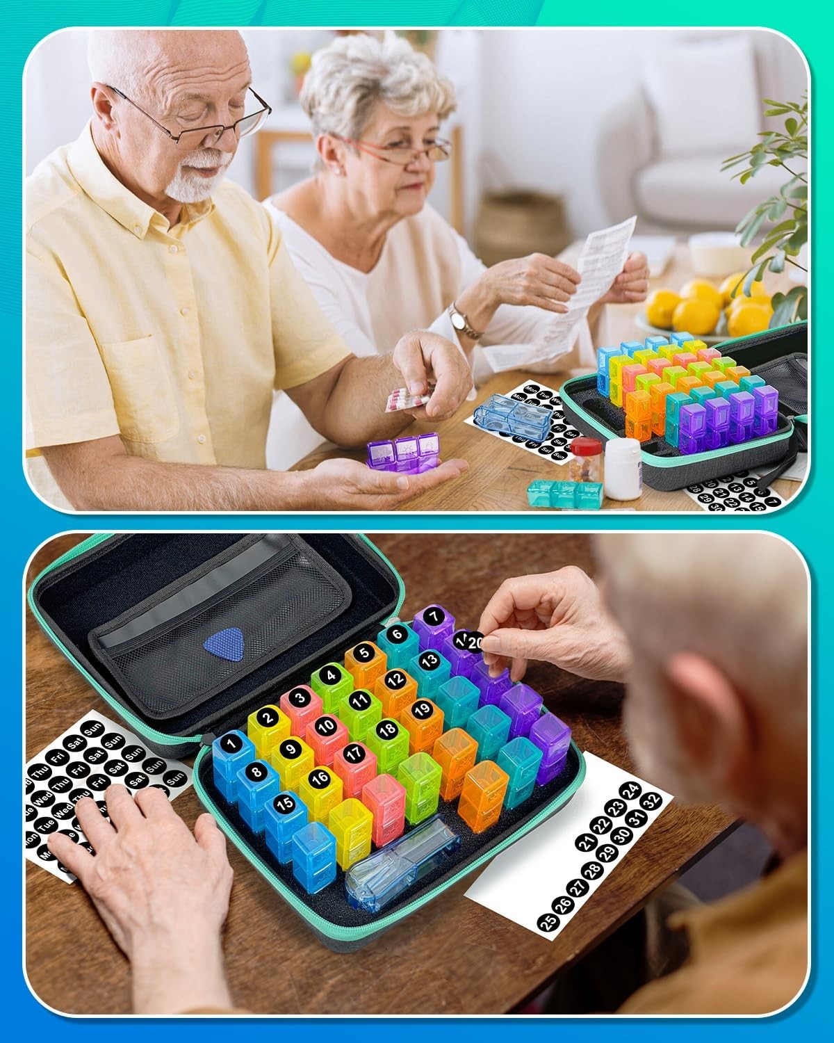 31-Day Pill Organizer with Cutter & Stickers, 3x Daily Medication Management, Po
