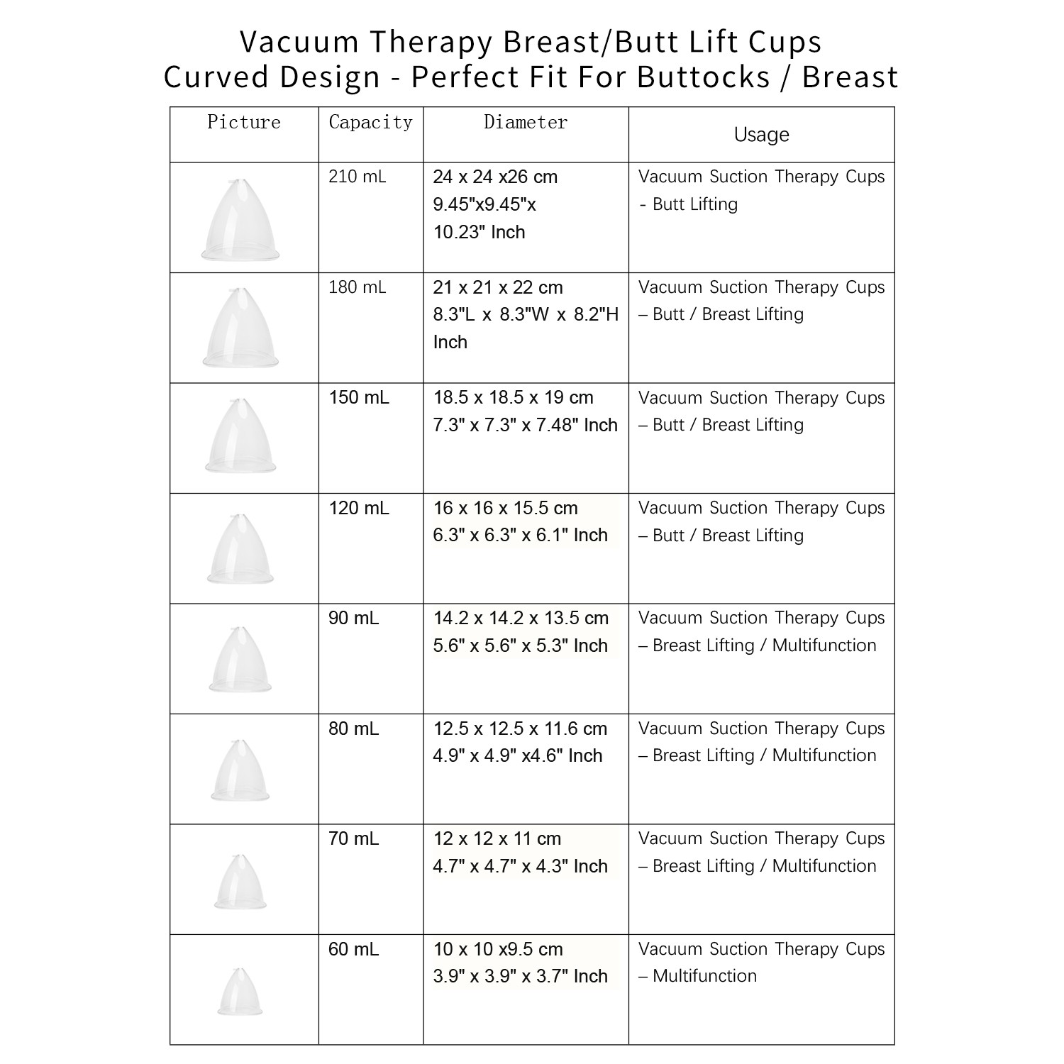 60ML-210ML Cups Breast Butt Enlargement Body Massage Vacuum Therapy Machine Spa