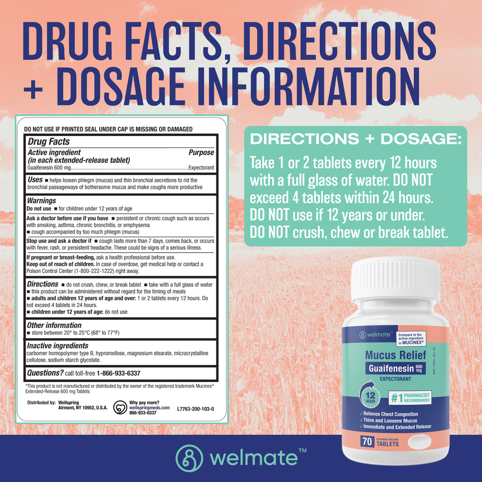 Welmate Mucus Relief | Guaifenesin 600 mg 12 Hour | 70 Count Extended-Release