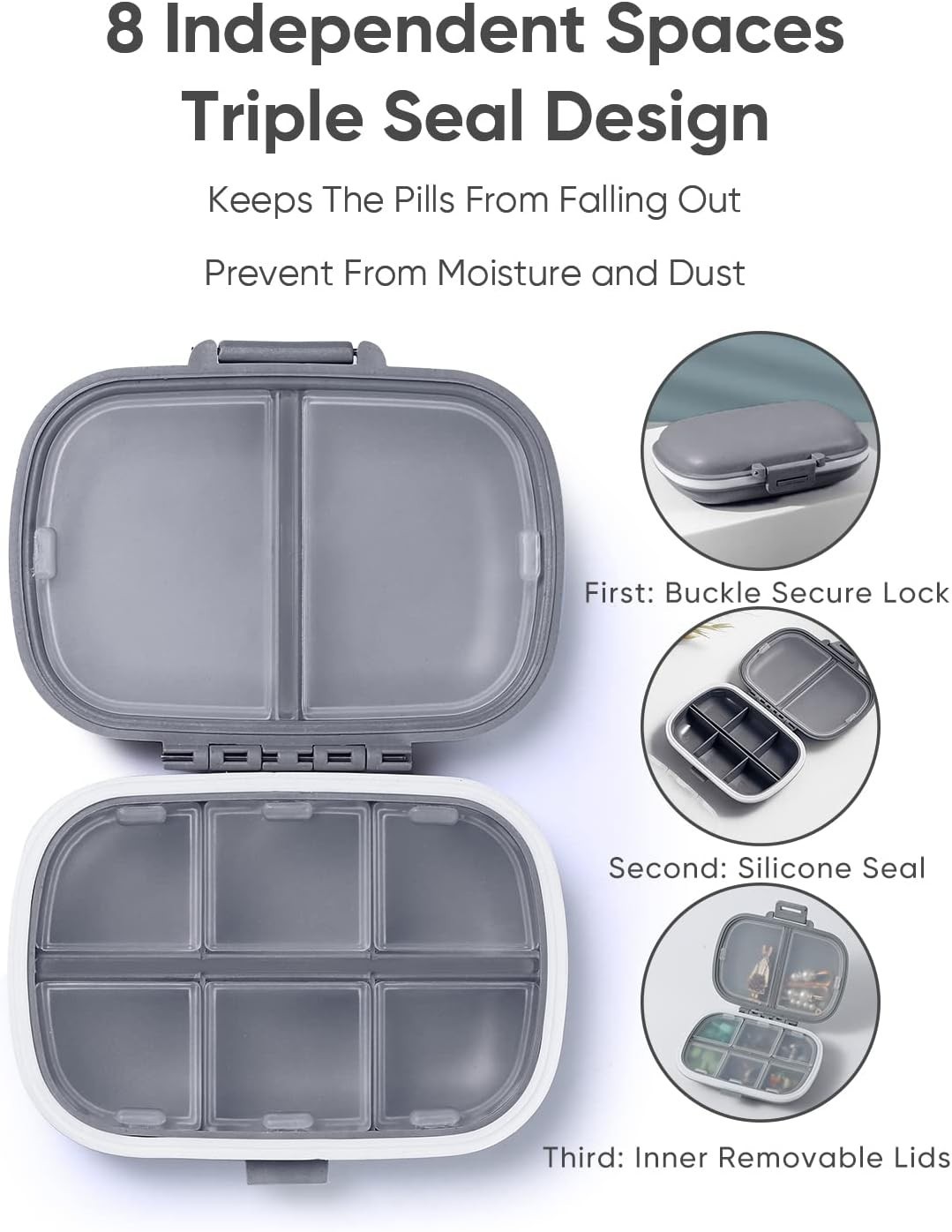 Compact 8-Compartment Pill Case with Double Lock – Secure Travel Medicine Box