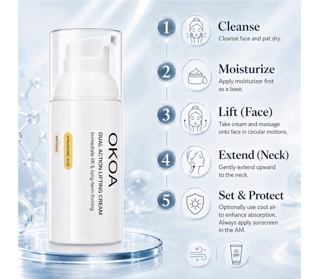 OKOA Dual Action Lifting Cream w/ Peptides & Hyaluronic Acid Face/Neck