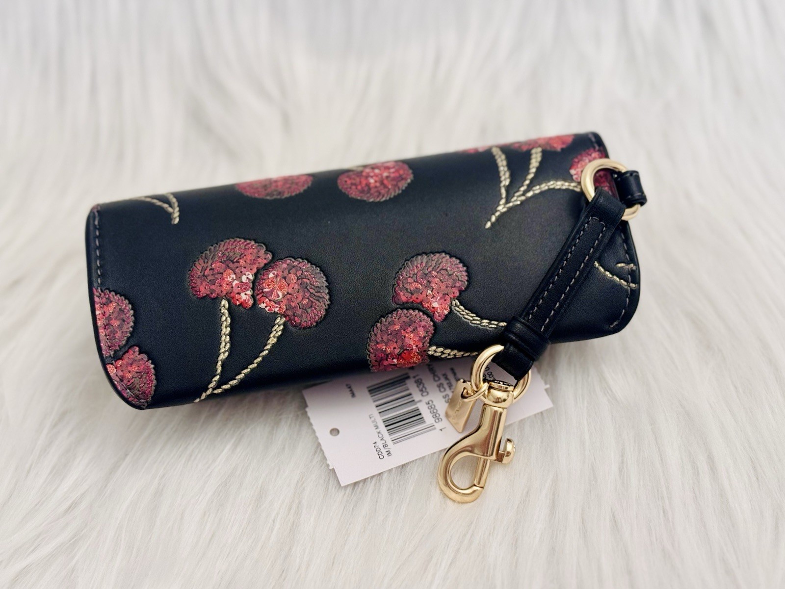 COACH CDD74 Sunglass Case In Smooth Leather With Cherry Print Gold/Black Multi