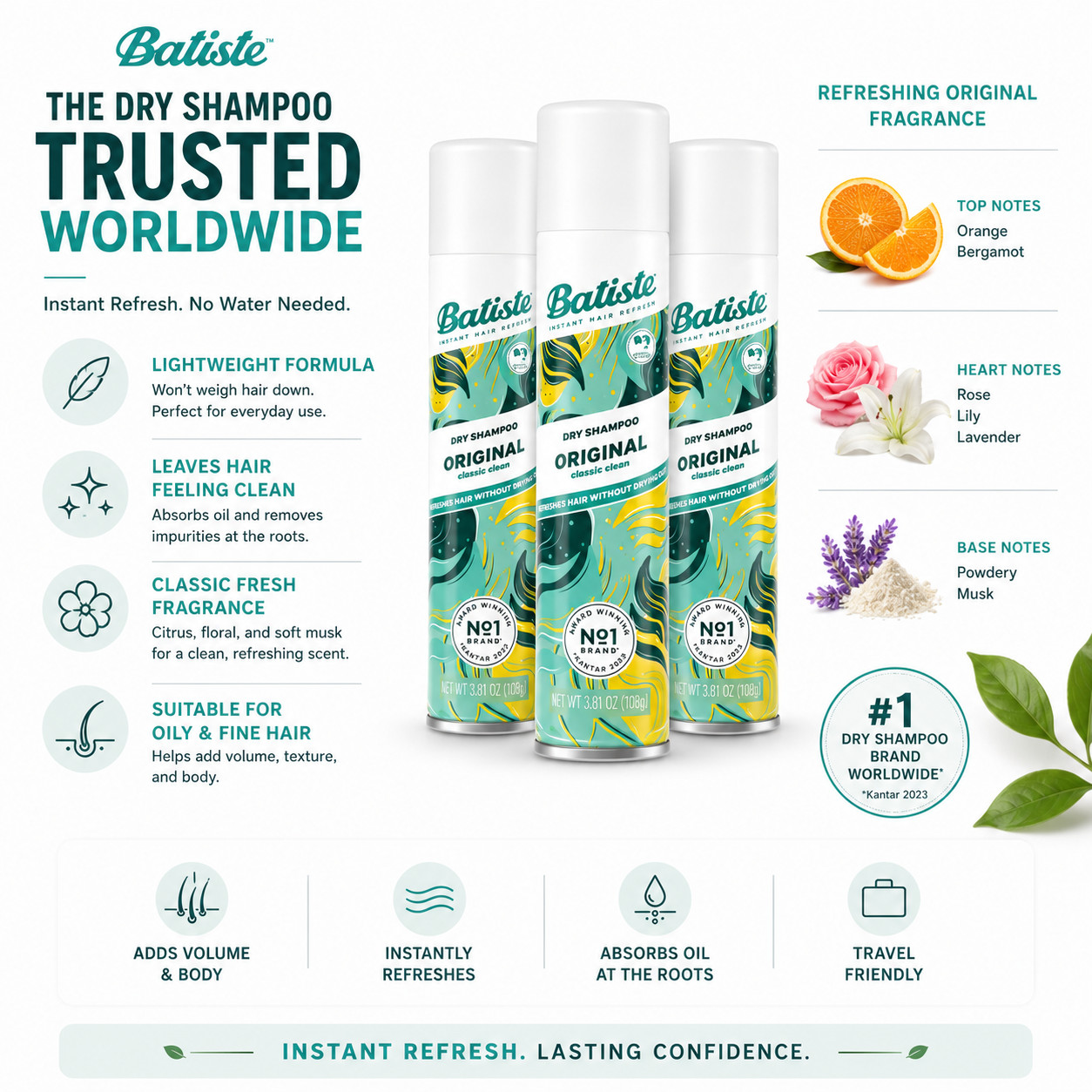 3 Pack Batiste Dry Shampoo Original Instant Hair Refresh 3.81 oz Each
