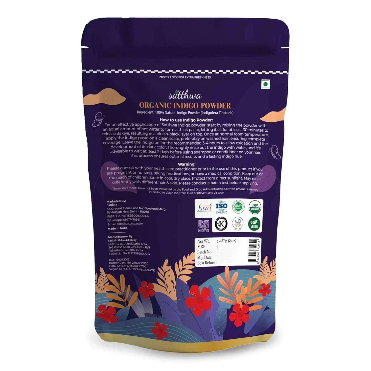 Satthwa Organic Indigo Powder For Deep, Rich, Black Hair Colour 227gm