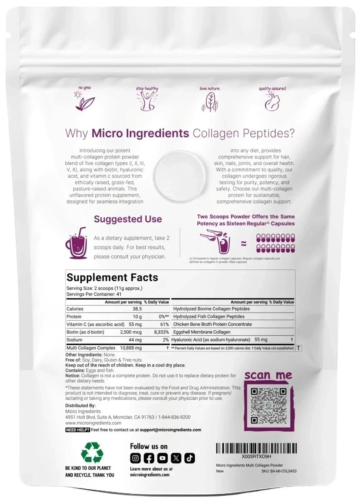 2 lb Multi Collagen Peptides Powder Hydrolyzed Protein Peptide Type I,II,III,V,X