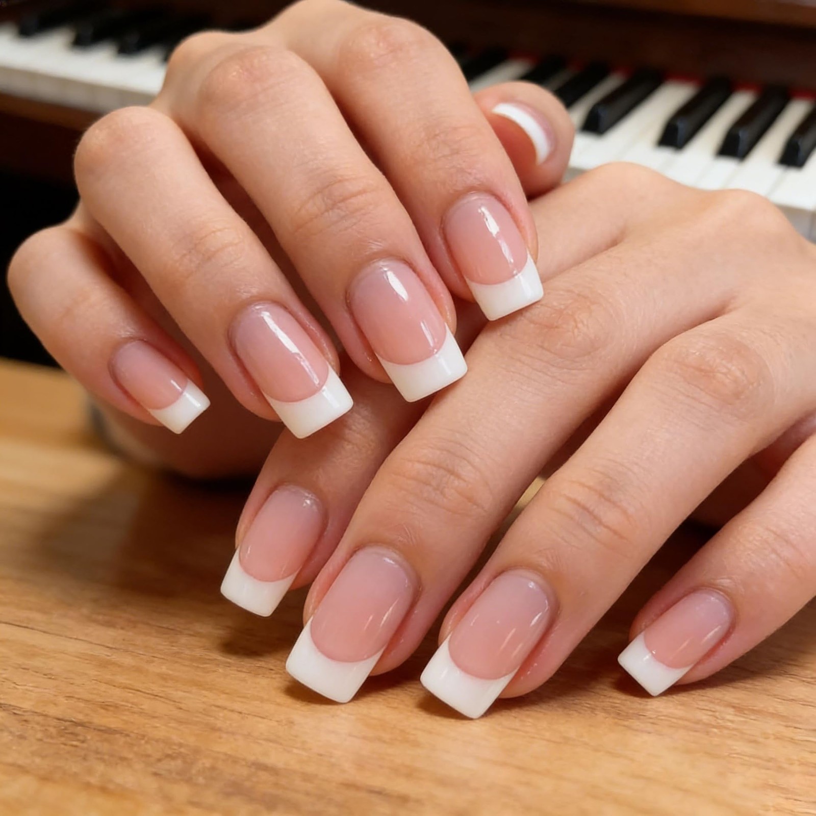 24PCS White French Tip Press on Nails Short Square Fake Large, Multicolor