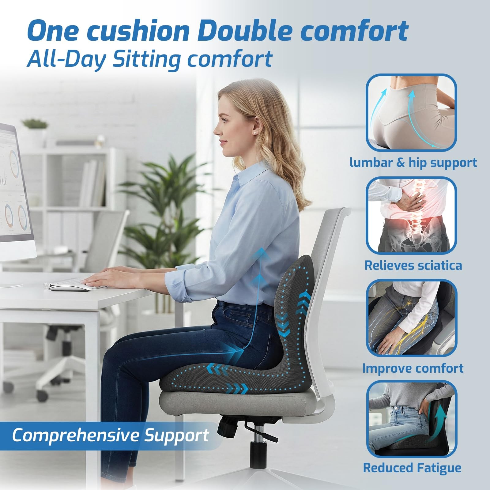 Seat Cushion,Office Chair Cushion with Lumbar Support,Memory Foam Car Orthope…
