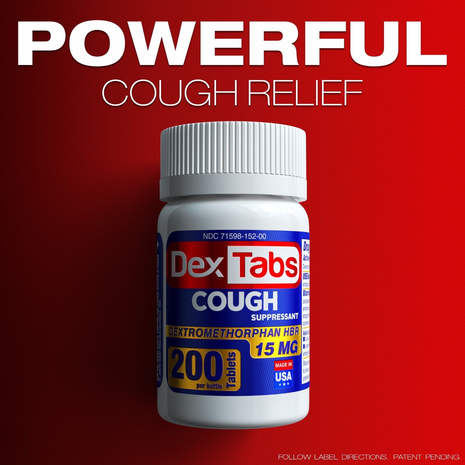 4 PACK DexTabs Cough suppressant, 200 Tablets, 15 mg of Dextromethorphan HBr