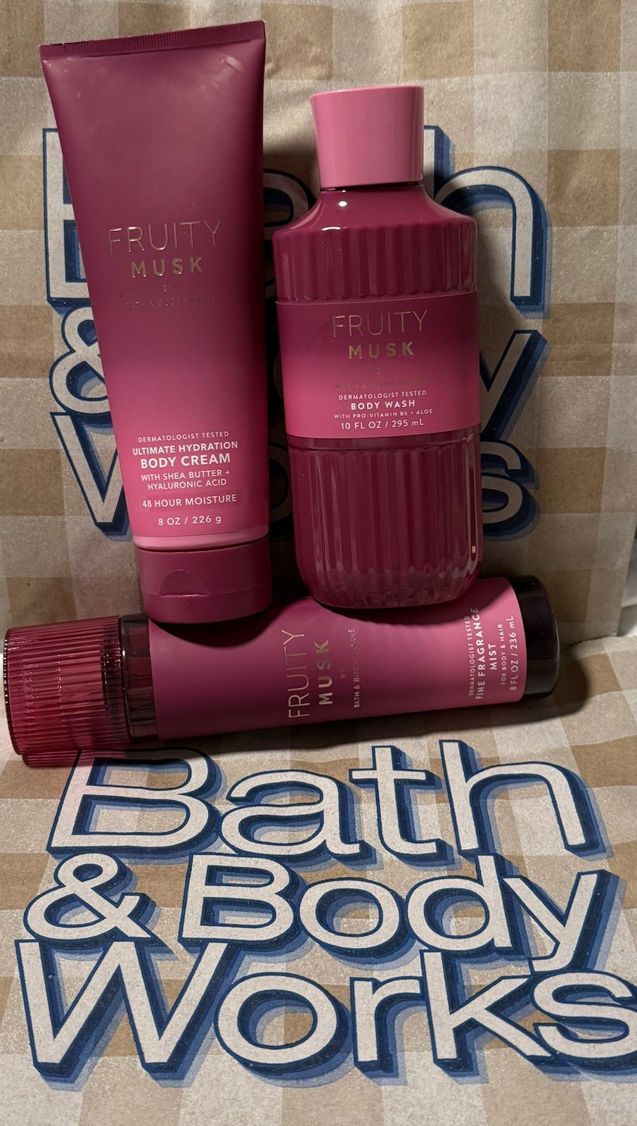 Bath & Body Works Fruity Musk Mist + Body Cream + Body Wash Set 8/8/10fl oz