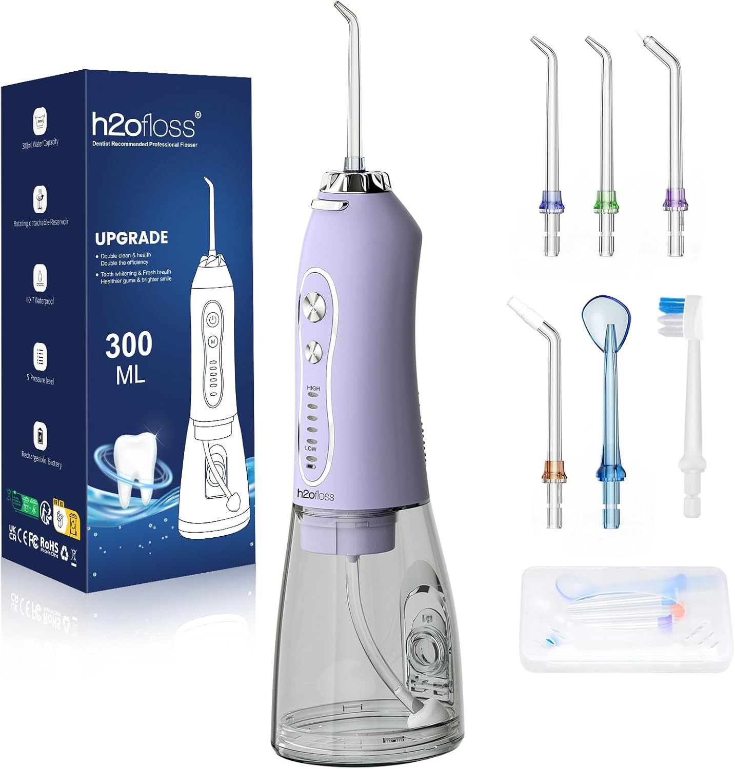 H2ofloss Cordless Water Flosser 300ML Rechargeable IPX7 Lavender