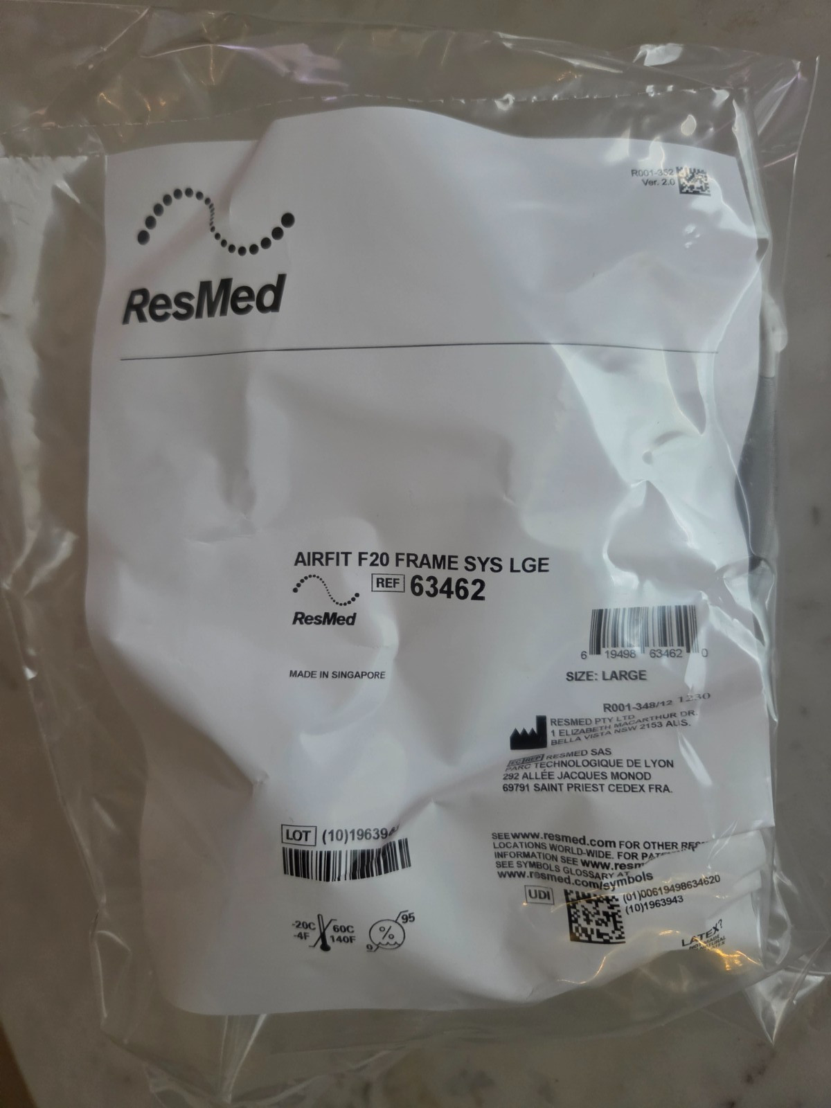 ResMed 63462 Airfit F20 LARGE Frame Sys in Factory Sealed Bag