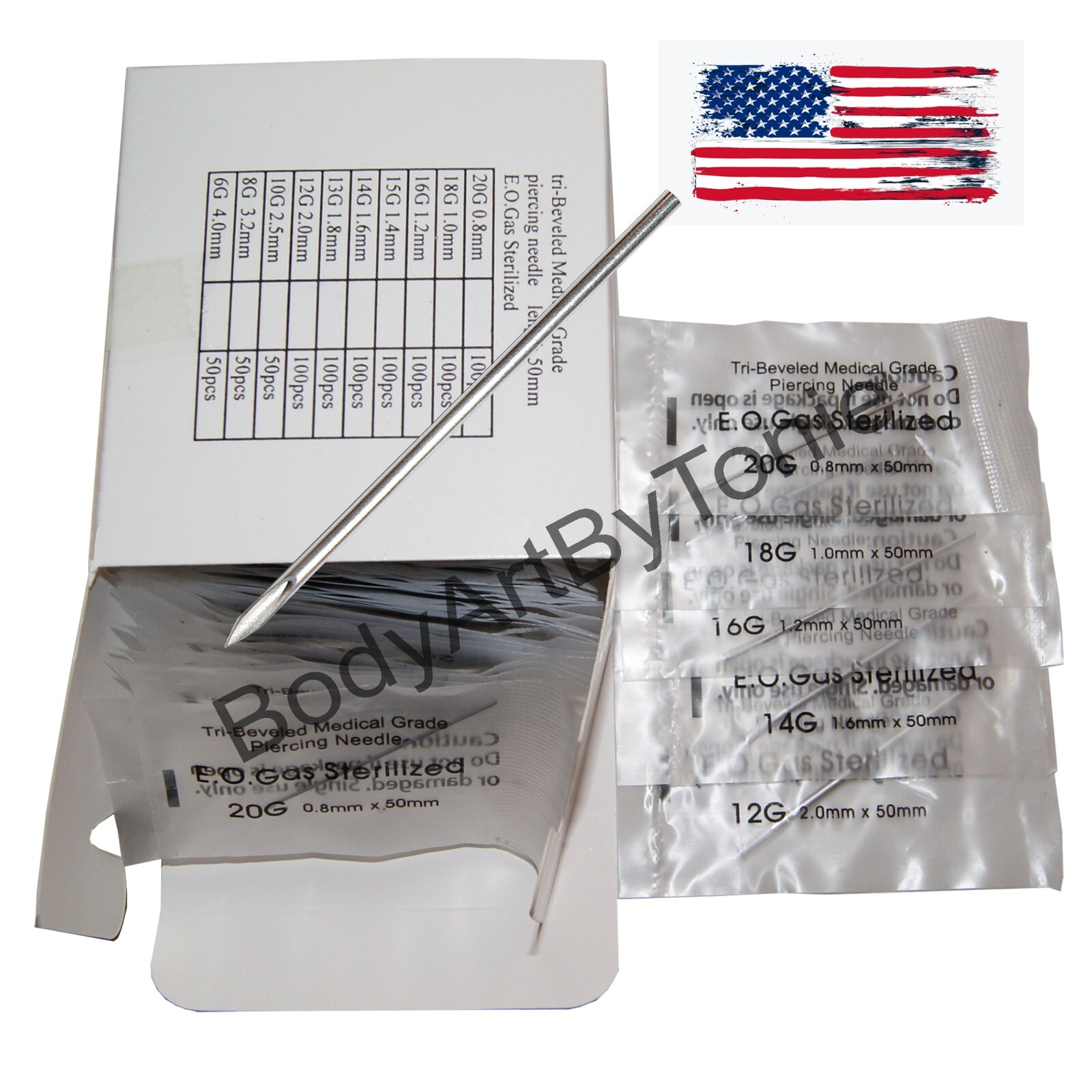 20 Piercing Needles 10ea 14G, 16G Gauge Tri Bevel Pierce Needle