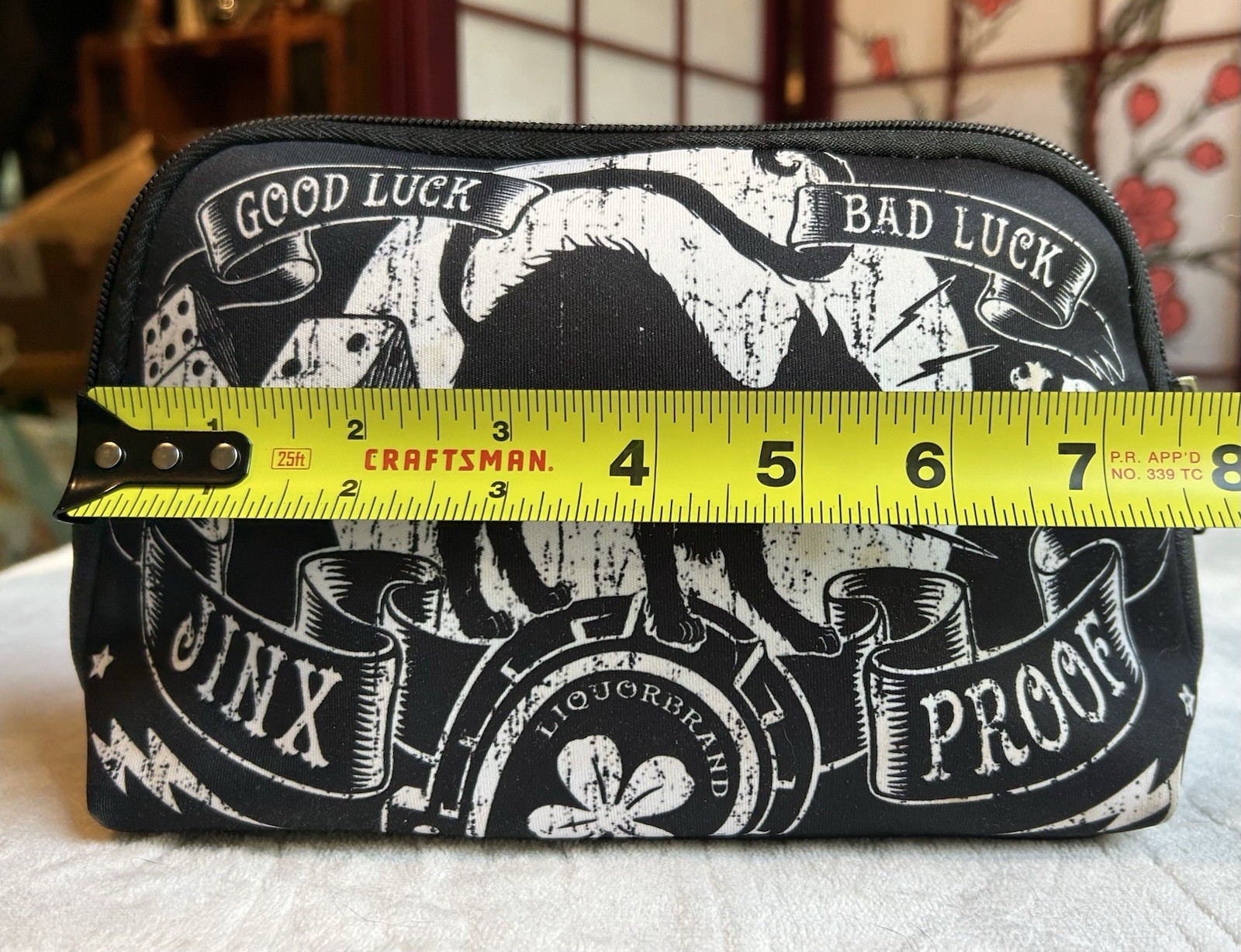 Liquorbrand Black/White Zipper Makeup Bag Pouch «Good Luck Bad Luck» 8×5 in