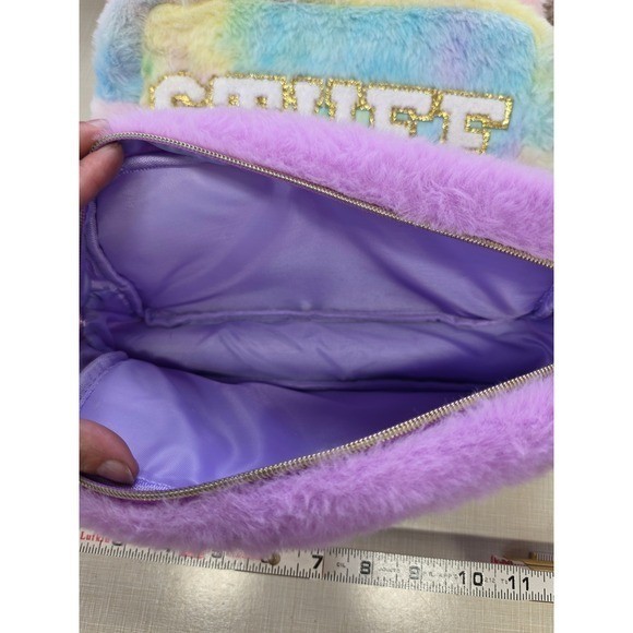 Faux Fur Chenille Letter Patch Makeup Bag Travel Pouch Set HAIR STUFF FACE SKIN