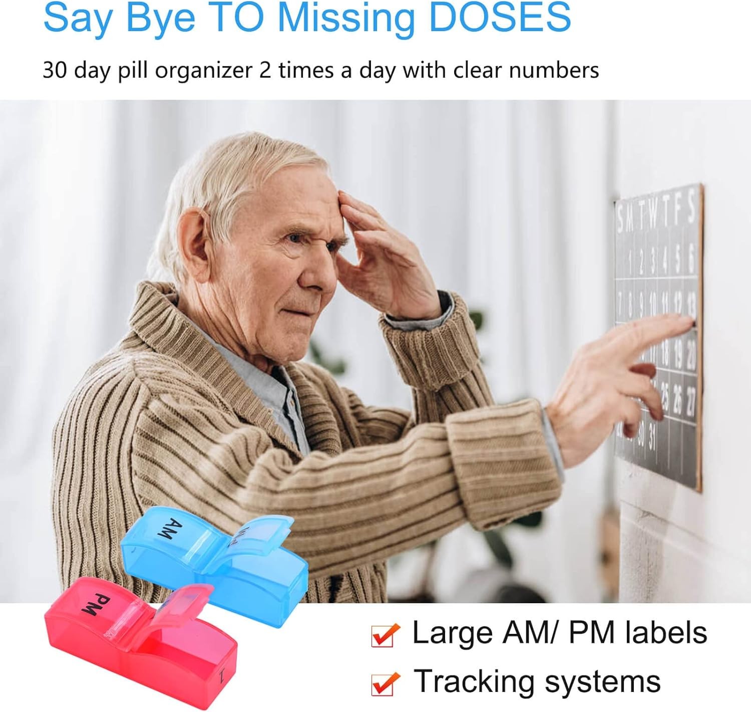 1PK Monthly Pill Organizer 2 Times a Day,30 Day AM PM Pill Box,for Travel &Home
