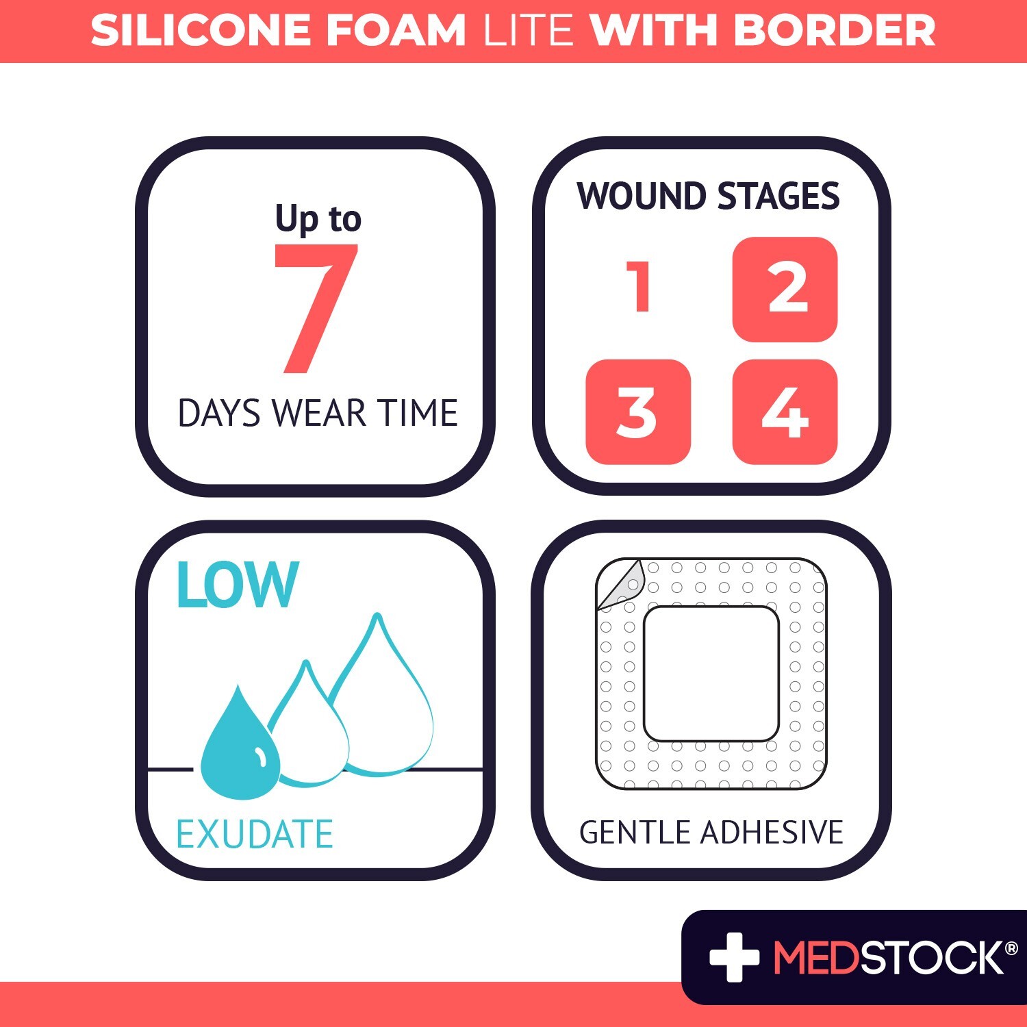 MEDSTOCK Silicone Foam Lite Dressing with Border – 2″ x 2″ (Box of 10)