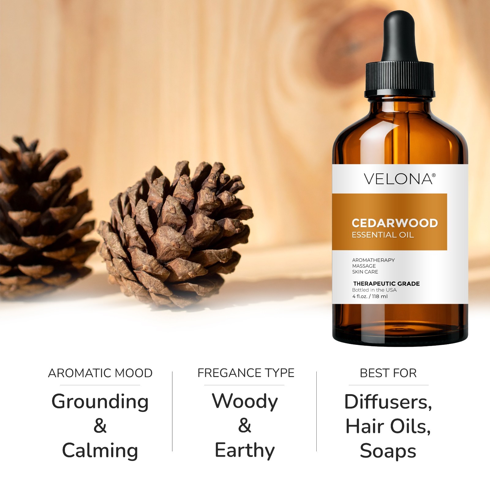 Cedarwood Essential Oil by Velona – 0.5-32 oz Boost Hair Growth Diffuser
