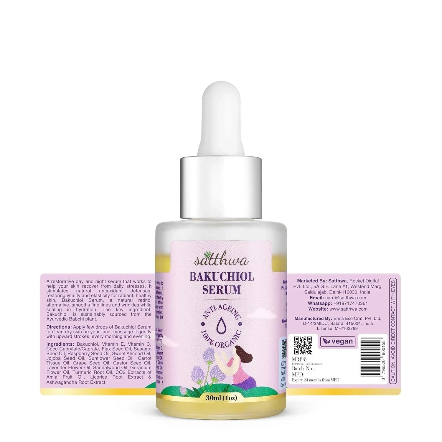 Satthwa Bakuchiol Face Serum Plant-Based Retinol Alternative Oil-Based 30ML