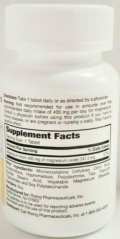 Rising Pharmaceuticals Magnesium Oxide 400mg 120ct Tablets -Expiration 05-2024-