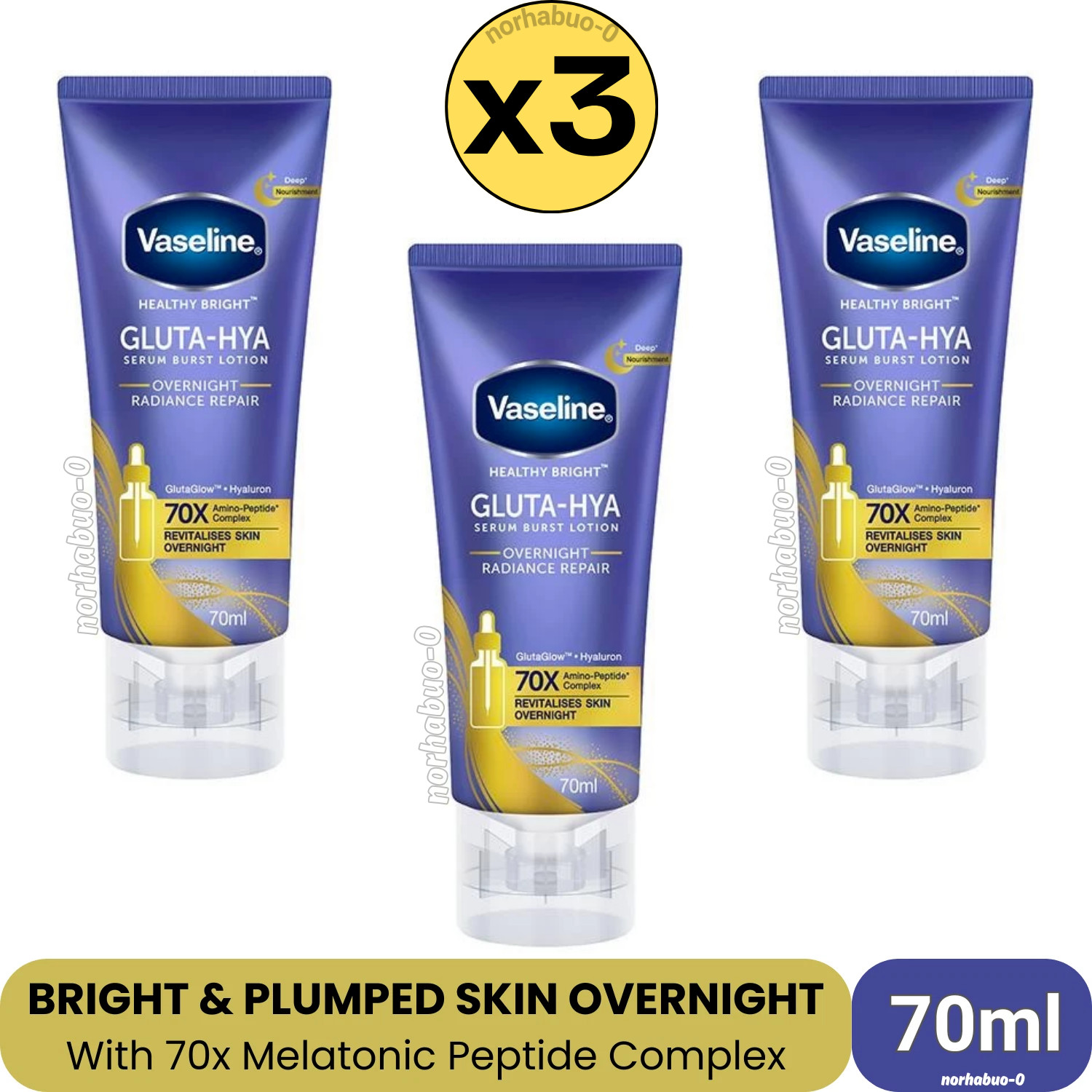 3x 70ml Vaseline Gluta-Hya Serum Burst Lotion Healthy Bright Overnight Radiance