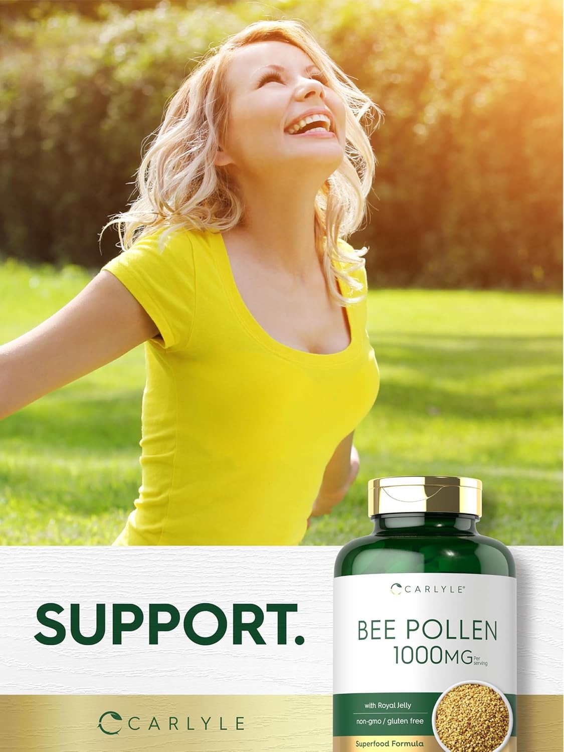 Bee Pollen 1000mg | 200 Caplets | With Royal Jelly and Bee Propolis | by Carlyle