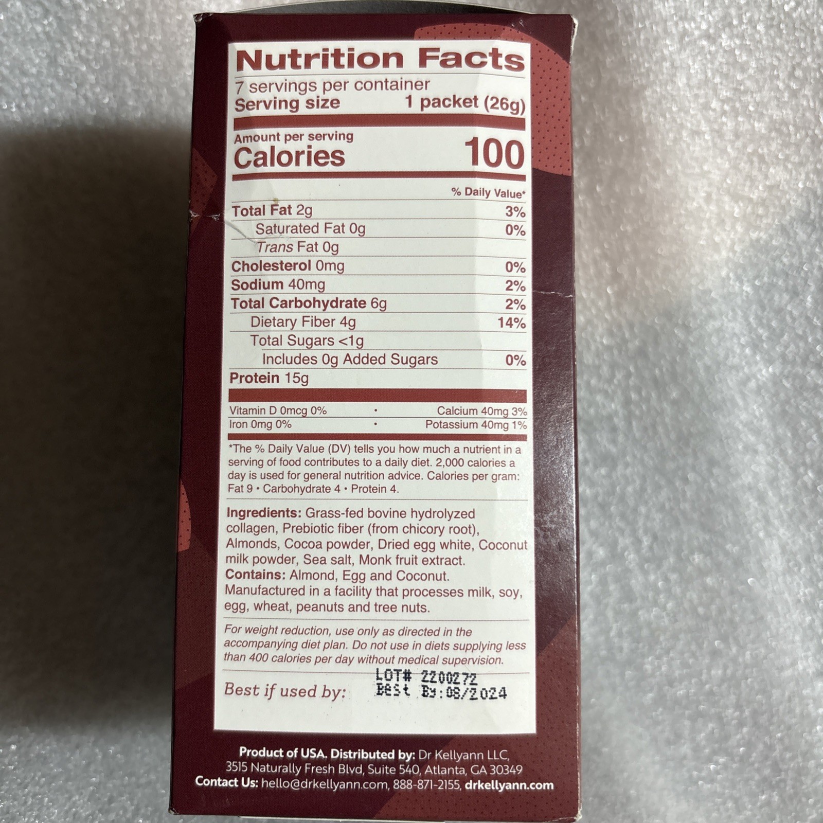 Dr. Kellyann Chocolate Almond Collagen 7 Packets. (Best By 08/2024)