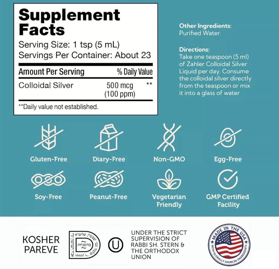 Colloidal Silver Liquid, 100 PPM, 4 fl oz Immune Support EXP 01/2028