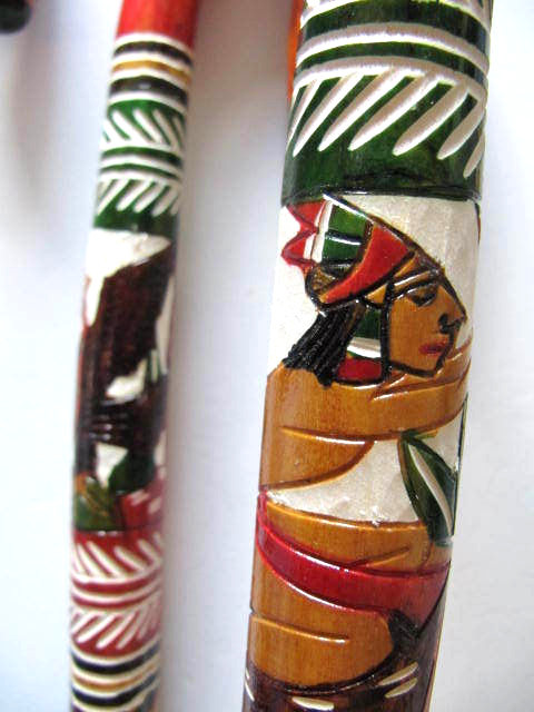 Hand Carved Wooden Cane Walking Stick Mexican Aztec Hand Painted Mexico ONE Cane